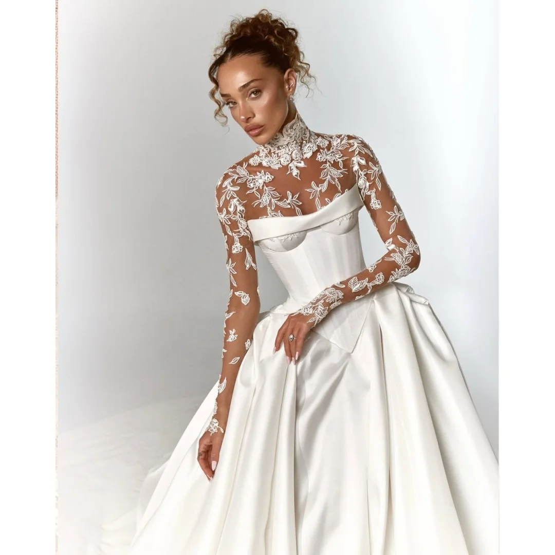 Tokyo Customized Cathedral Train Ball Gown Wedding Dress Lace Appliques vestidos de noche High Neck Long Sleeve Evening Dresses
