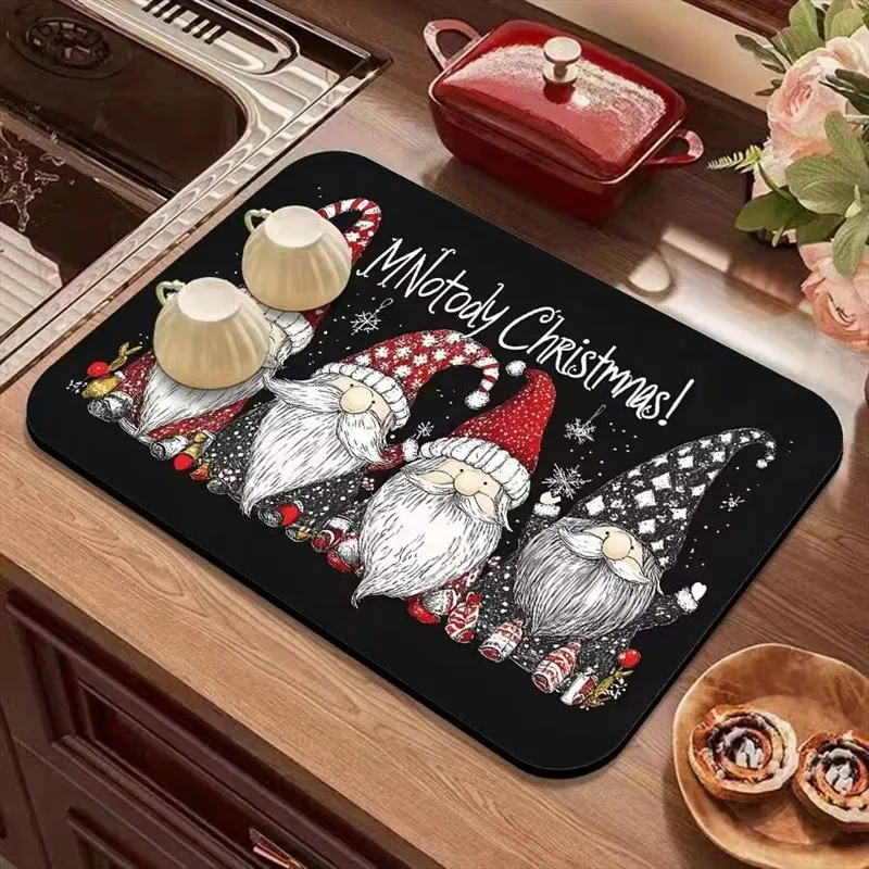 VIKAMA Diatomite Drying Mat, Super Absorbent Fast Drying Non-Slip Easy Clean Kitchen Countertop Christmas Gnome Decor