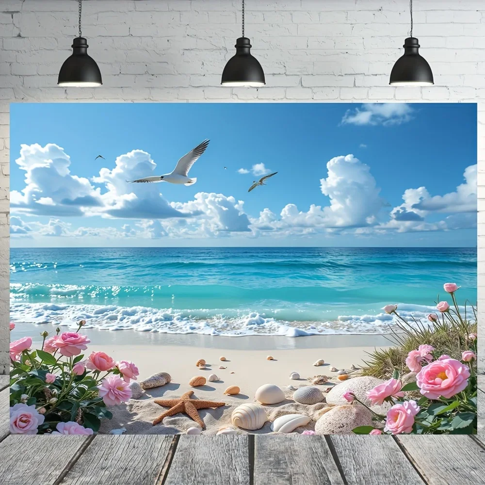 Seaside Beach Tapestry Blue Sky White Clouds Seagulls Starfish Shells Roses Coastal Summer Vacation Vibe Wall Decor for Living