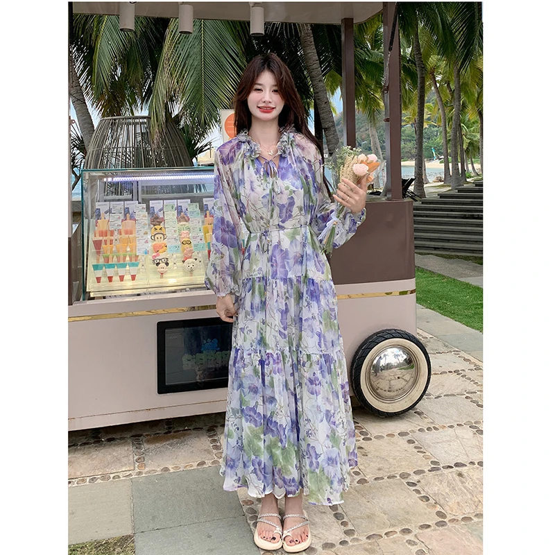 2025 nova chegada verão feminino estilo praia a linha impressão saia tornozelo comprimento all-match com decote em v em camadas retalhos design saias t144