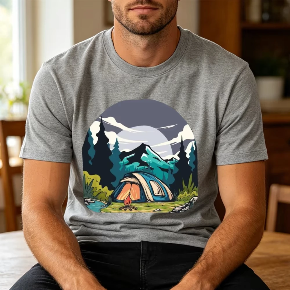 Midnight Moon Tent Campfire Graphic T Shirt Men Peaceful Night Landscape Top Summer Glamping Nature Escape Clothes Tops