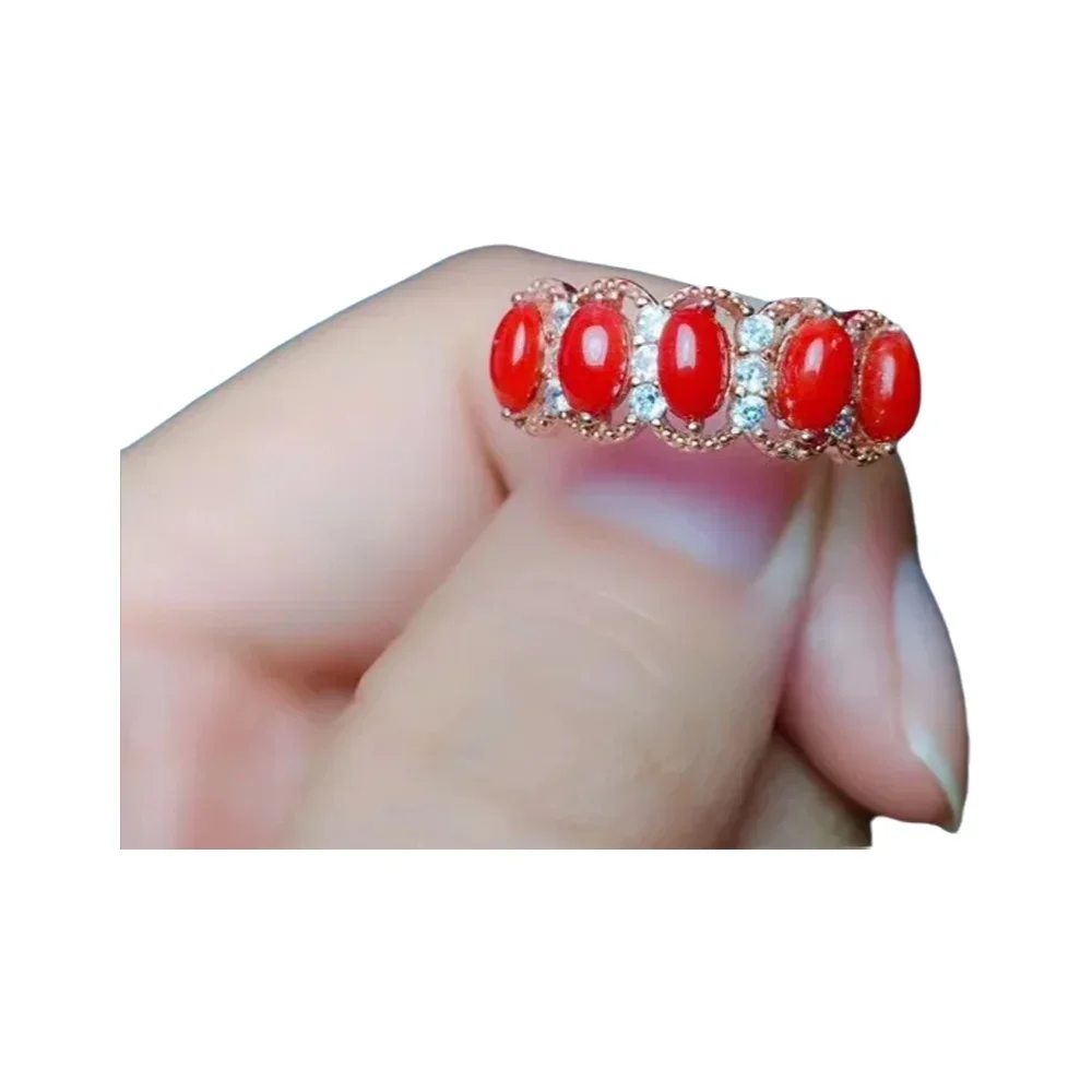 

KJJEAXCMY-925 Sterling Silver Inlaid Natural Red Coral Ring for Women, Fine Jewelry, Support Detection, Classic, Boutique