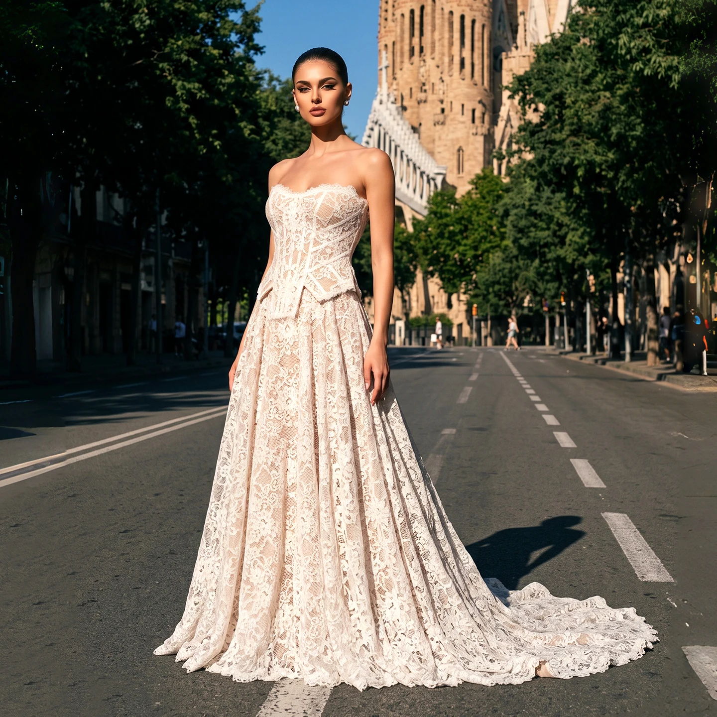 Sharon Said Elegant White Nude Lace A Line Wedding Dress Strapless Sweetheart Corset Bridal Gowns With Train SW755 Customized