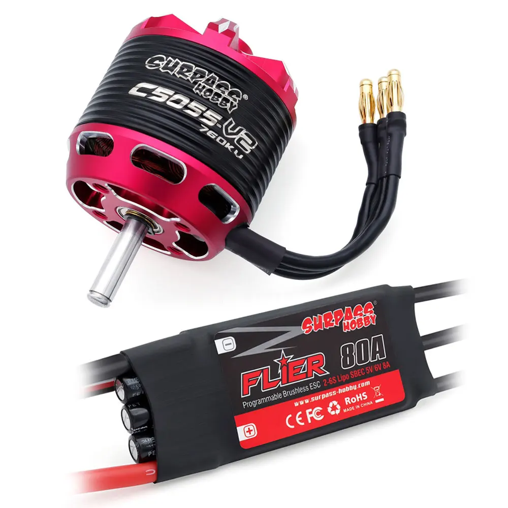 Surpass Hobby C5045 C5055 C5065 V2 Brushless Outrunner Motor 2-6S w/ 60A 80A 100A Brushless ESC For RC Aircraft Plane Multicopte