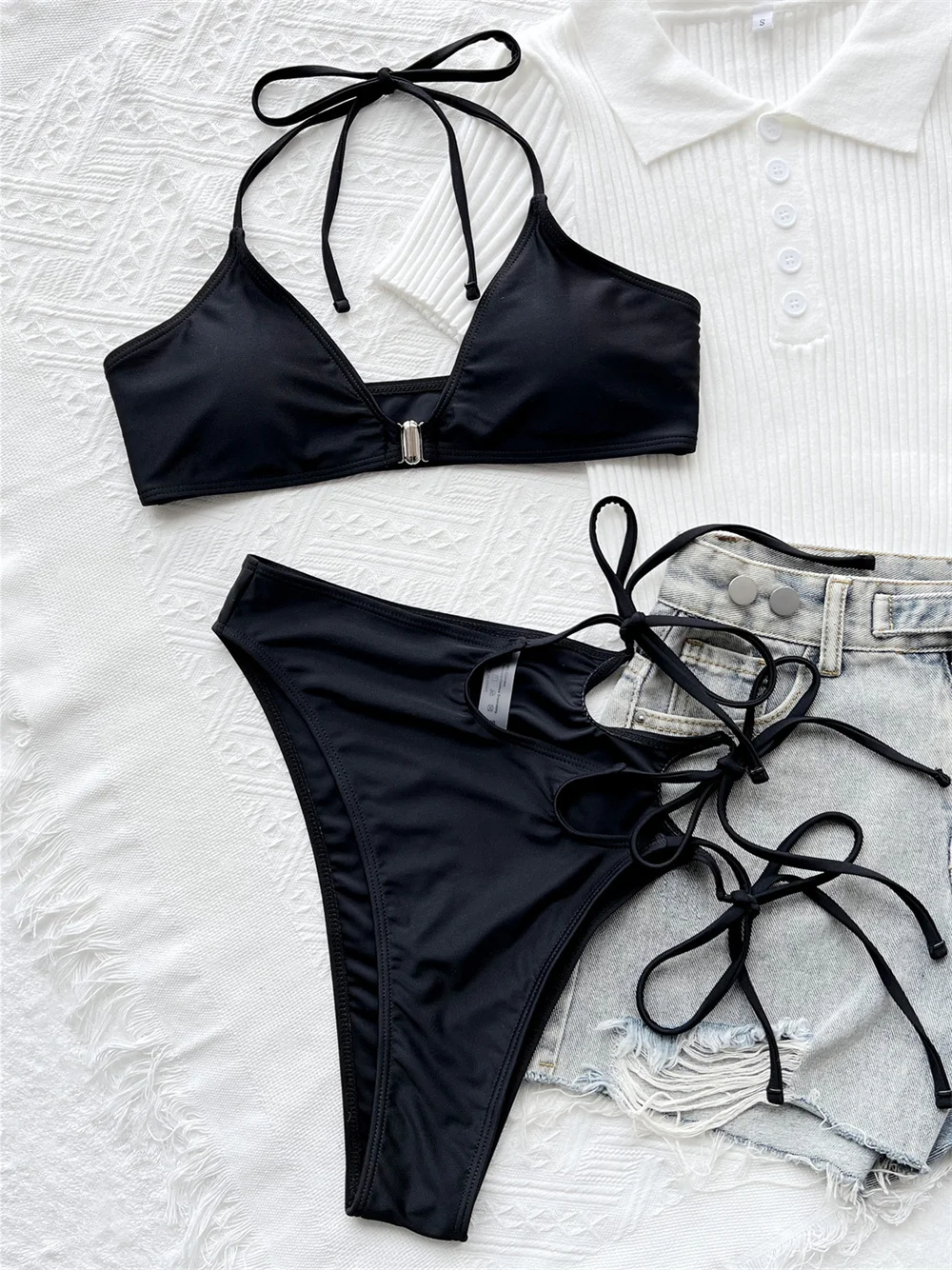 

Sexy Black String Extreme Bikini High Waist Hollow Out Swimsuit Push Up Halter Swimwear Women Backless Bathing Suit Beach Outfit