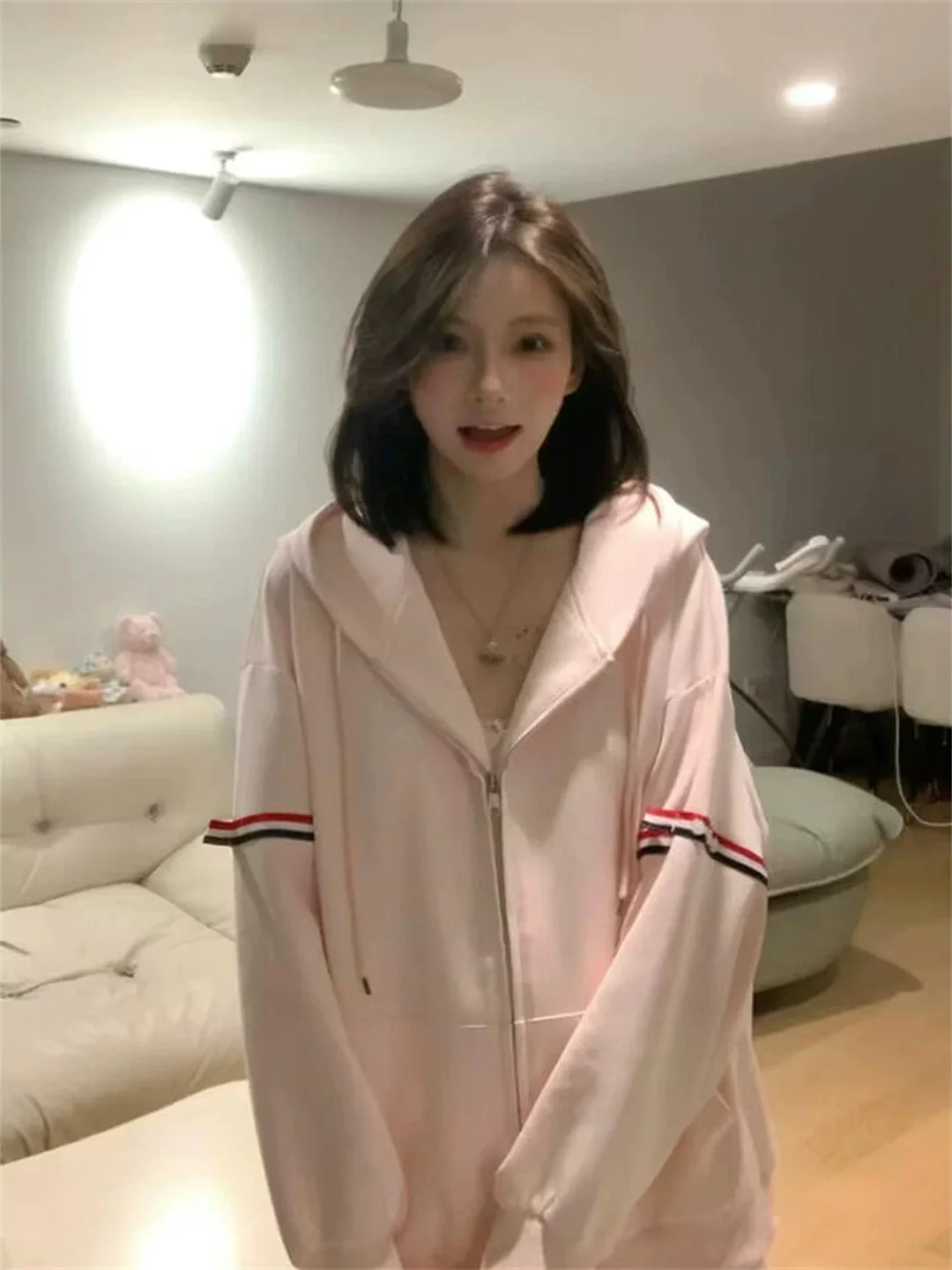 Loose Women's Zipper Hoodie Comfortable Korean College Style Three-Color Stripe Belted Pink Sweatshirt Fall New Arrival Versa...