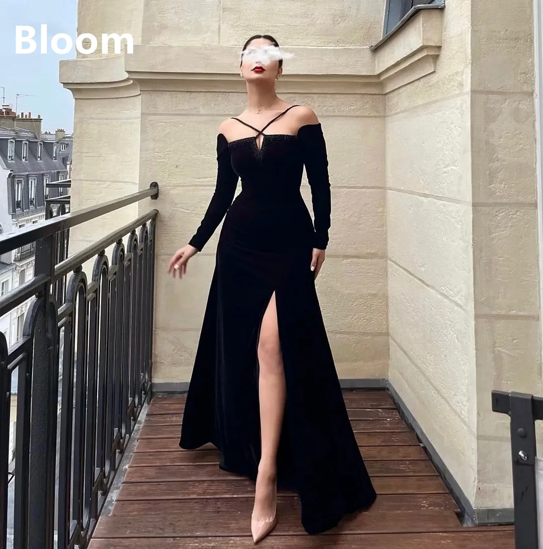 

Modern Prom Dresses 2024 Off Shoulder Long Sleeves Front Slit A-Line Beads Customizable Formal Occasion Dresses Vestidos De