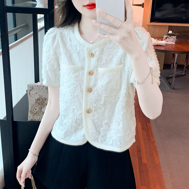 Summer Fashion Short Sleeve O-Neck Women Shirt Casual Lace White Blouse Shirt Women Tops Blusas Mujer De Moda 2024 Verano H610