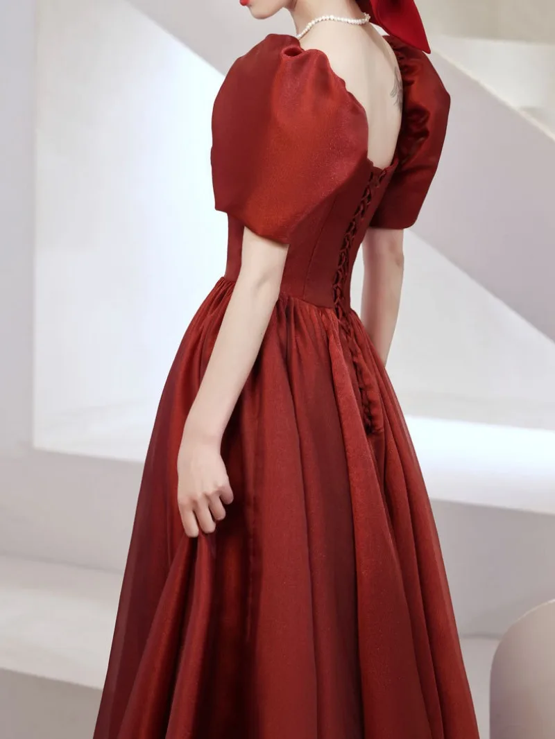 CustomizedElegant Burgundy Square Collar Homecoming Dresses Puff Sleeves Slim Waist Formal Occasion Dress Solid A-line Vestido F