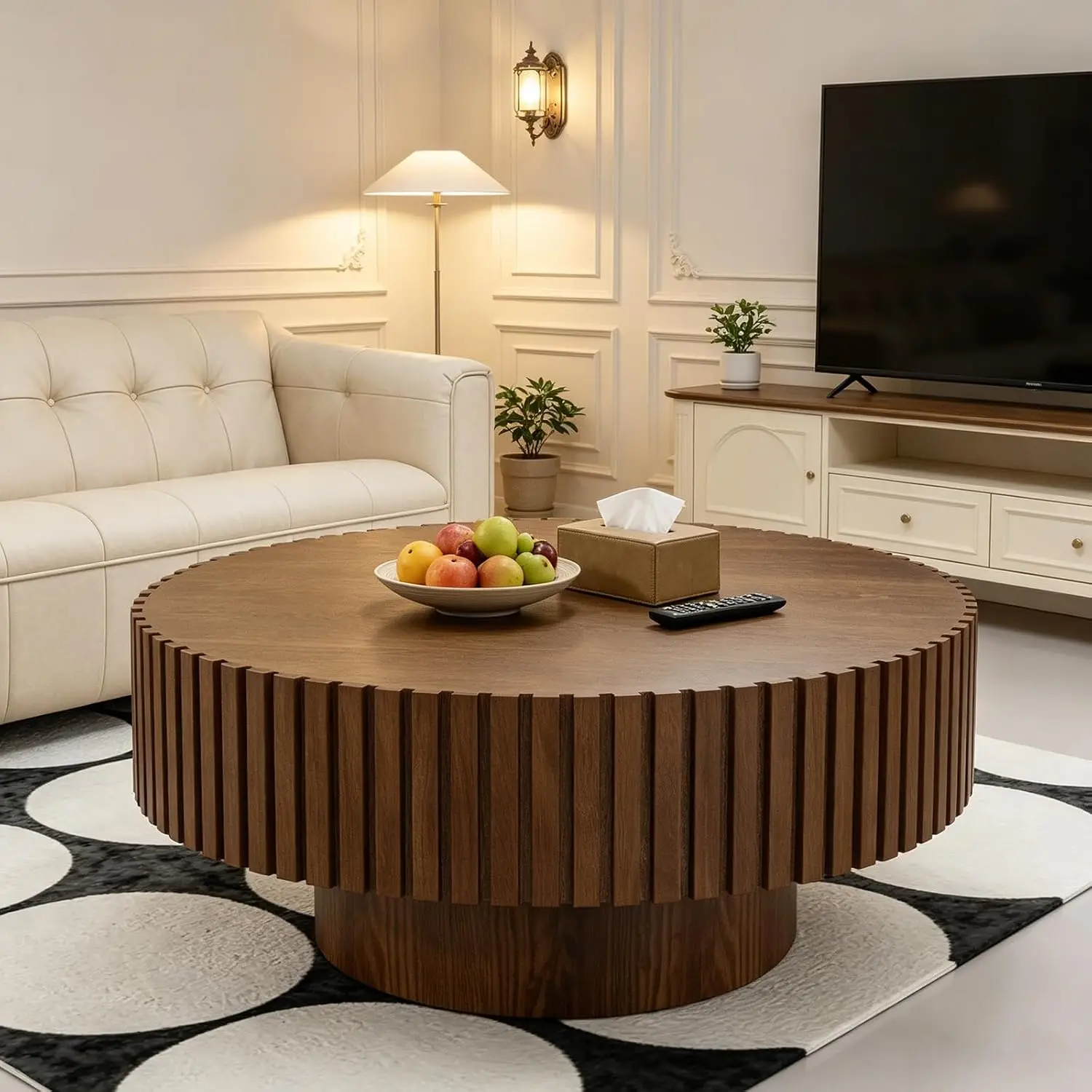 Handmade Modern Round Fluted Drum Coffee Table, Customized