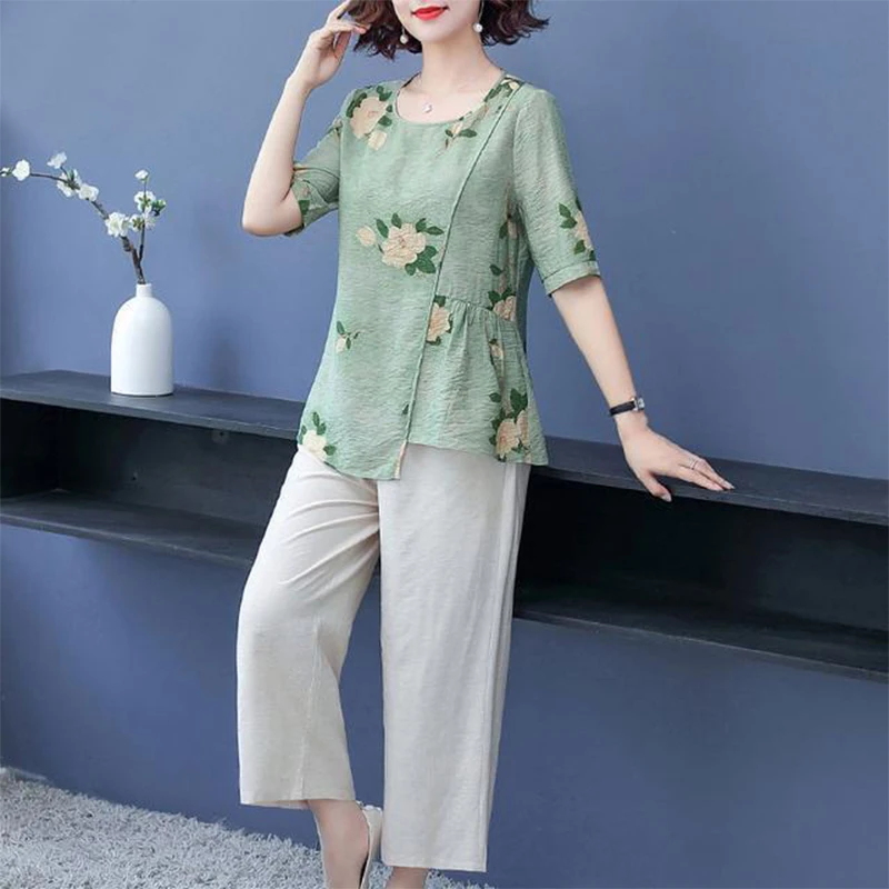 Summer Fashion Cotton Linen Irregular Printed Short Sleeve Shirt Loose Casual Elastic Wide Leg Pants Set Women Top Trousers Suit