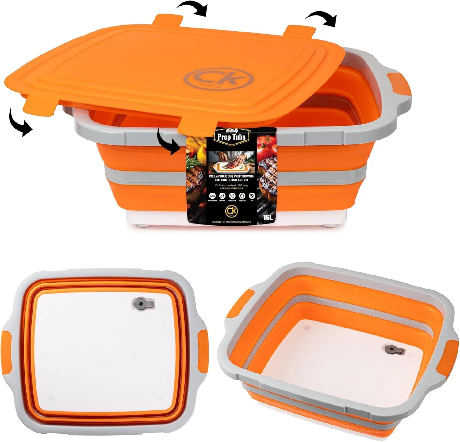 

Collapsible BBQ Prep Tub with Locking Lid, Cutting Board & Drain Hole - BPA-Free, Food-Grade, 16L Orange