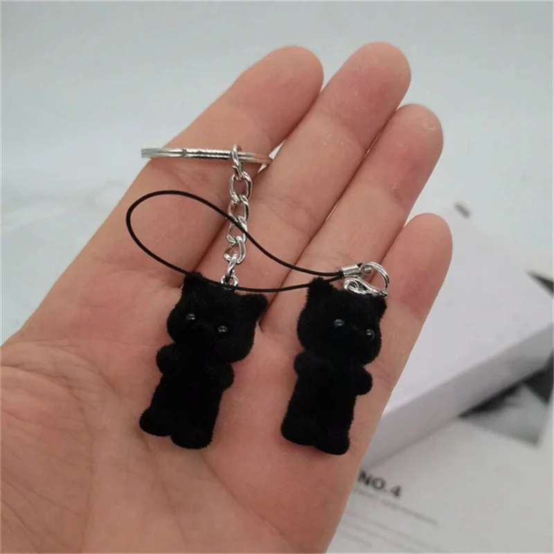 Cute 3D Flocking Black Kitten Keychain Little Cat Couple Mobile Phone Pendant Car Keyring Earphone Backpack Charms Bag Decor