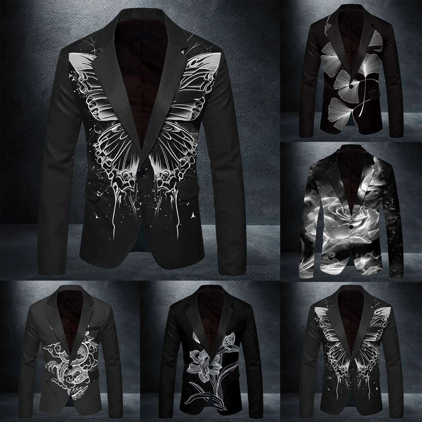 Men's Suit Butterfly Print Blazer Jacket Stage Show Dinner Bar Dance Casual Men Blazer Coats Steampunk Luxury Man Jacket Suit