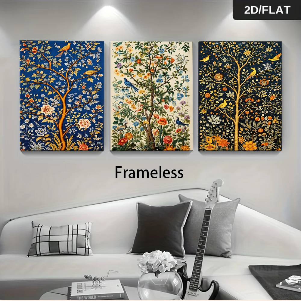1 set of frameless decorative paintings in a pastoral style, featuring colorful plant and animal patterns in 2D.