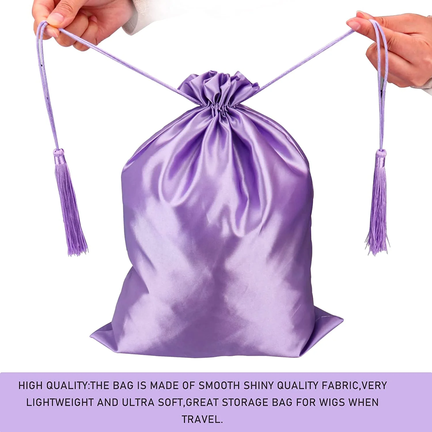 50Pcs Silk Satin Wig Storage Bag With Drawstring Tassel Hair Packaging Bags for Bundles Hair Tool Travel Bag 20x30cm Purple