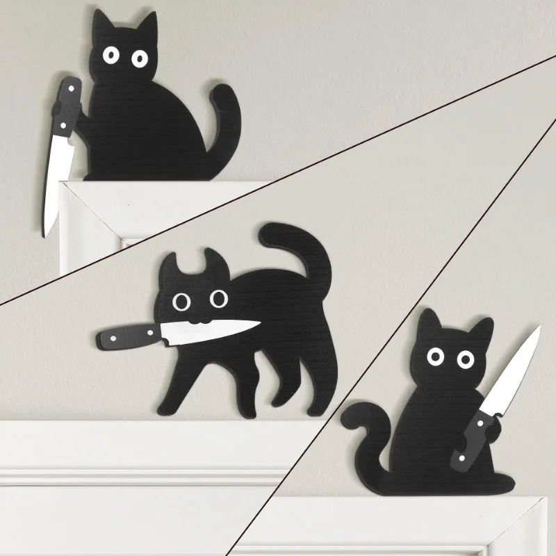3PCs Holding Knives Cat Sculpture Wall Animal Figurine Cute Cat Statue Handmade Wooden Craft Door Frame Ornament Wall Decoration