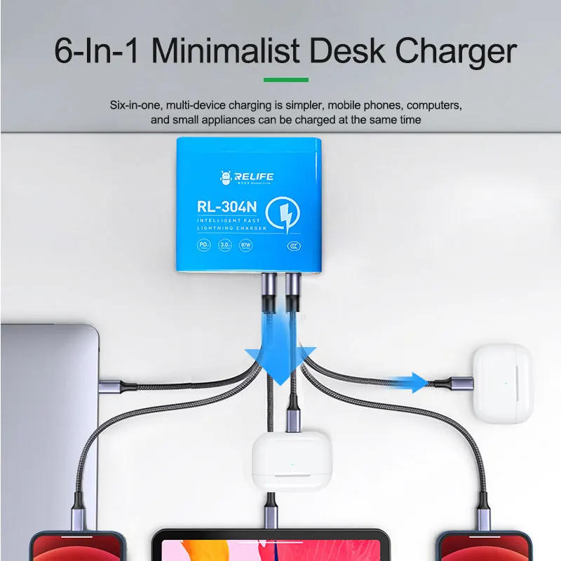 RELIFE RL-304N 87W PD+QC 3.0 USB Charger with LCD Display 6 Ports Desktop Mobile Phone Charger Smart Fast Charging for Tablet PC