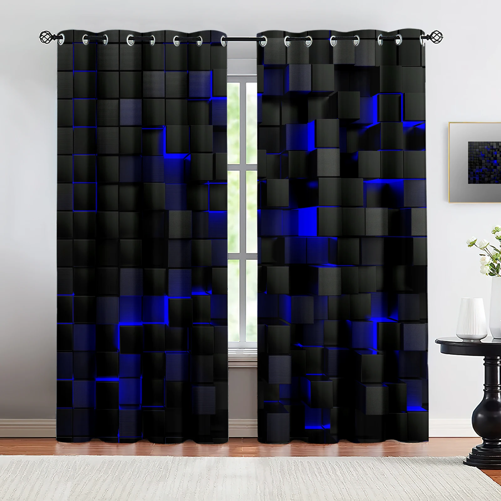 3D Geometric Cube Light & Shad Blackout Curtains 2Pcs, Top Ring Hole without Rod, Cyberpunk Style Bedroom Gaming Room Dorm Decor