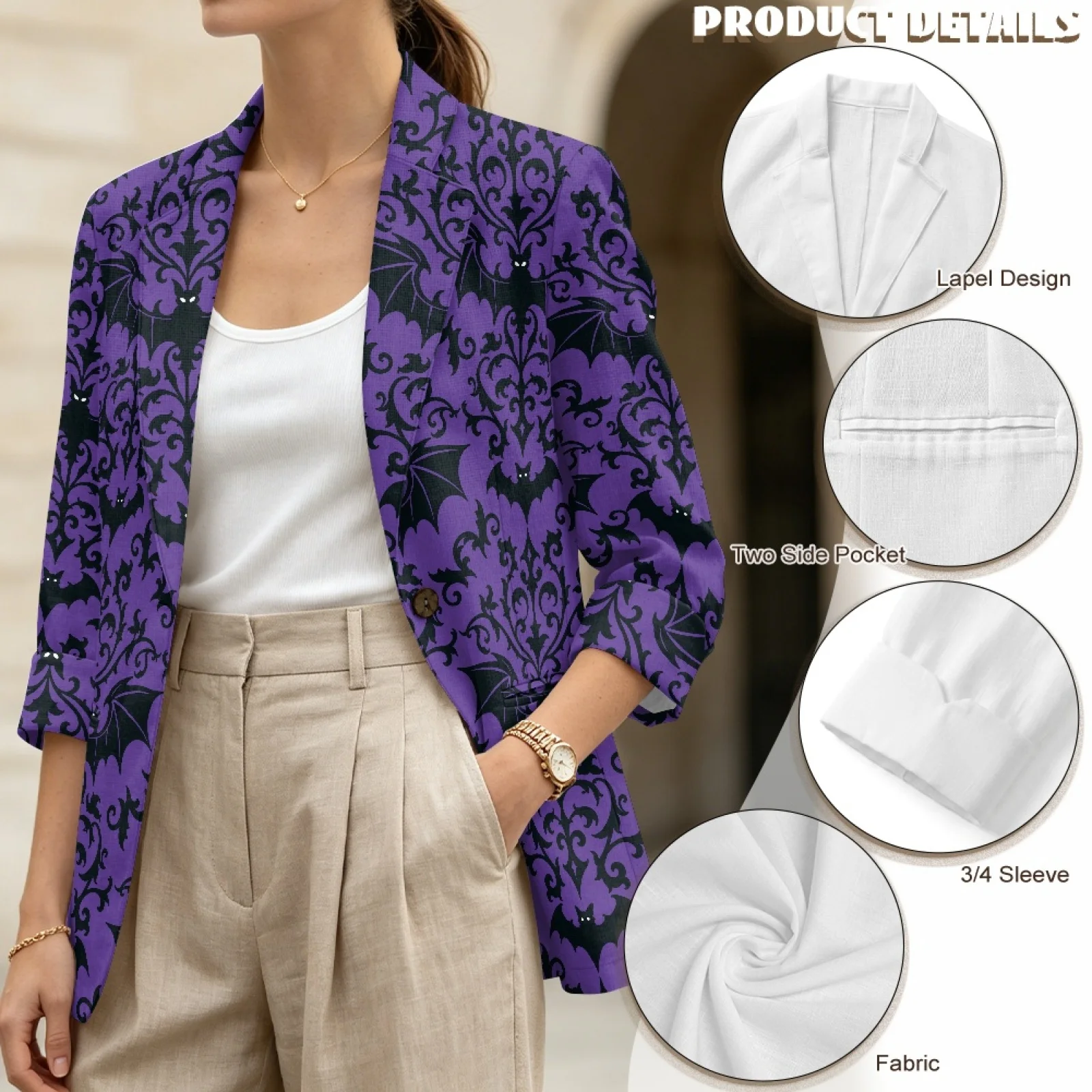 PENSTROLL Women Open Front Outerwear Featuring Black Bat Damask, Linen Style Loose Soft Blazer for Beach and Hiking, Sizes S-3XL view 5