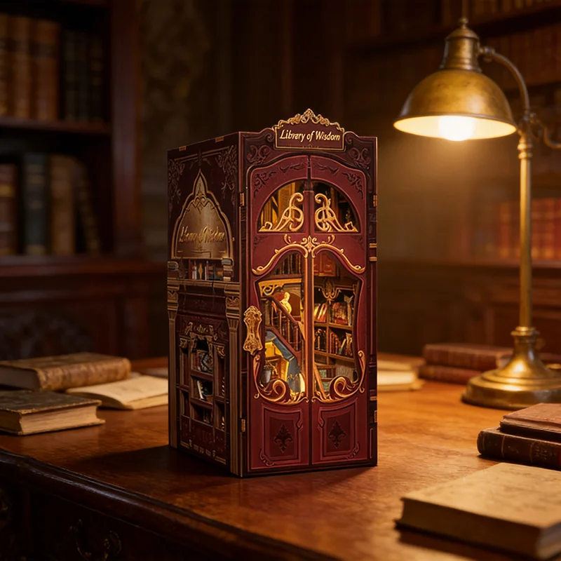 Vintage Wisdom Library Book Nook Kit with LED Light Wooden DIY Assembly Gift for Book Lovers Home Decor