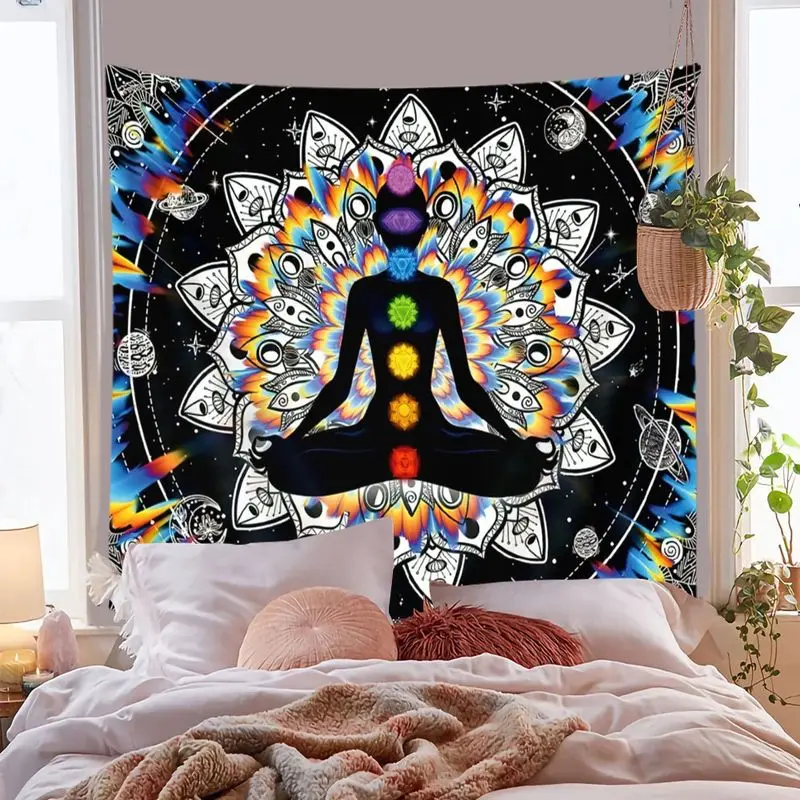 VIKAMA Seven Chakra Meditation Tapestry, Mandala Galaxy Planet Starry Sky Wall Hanging, Bohemian Wall Decor