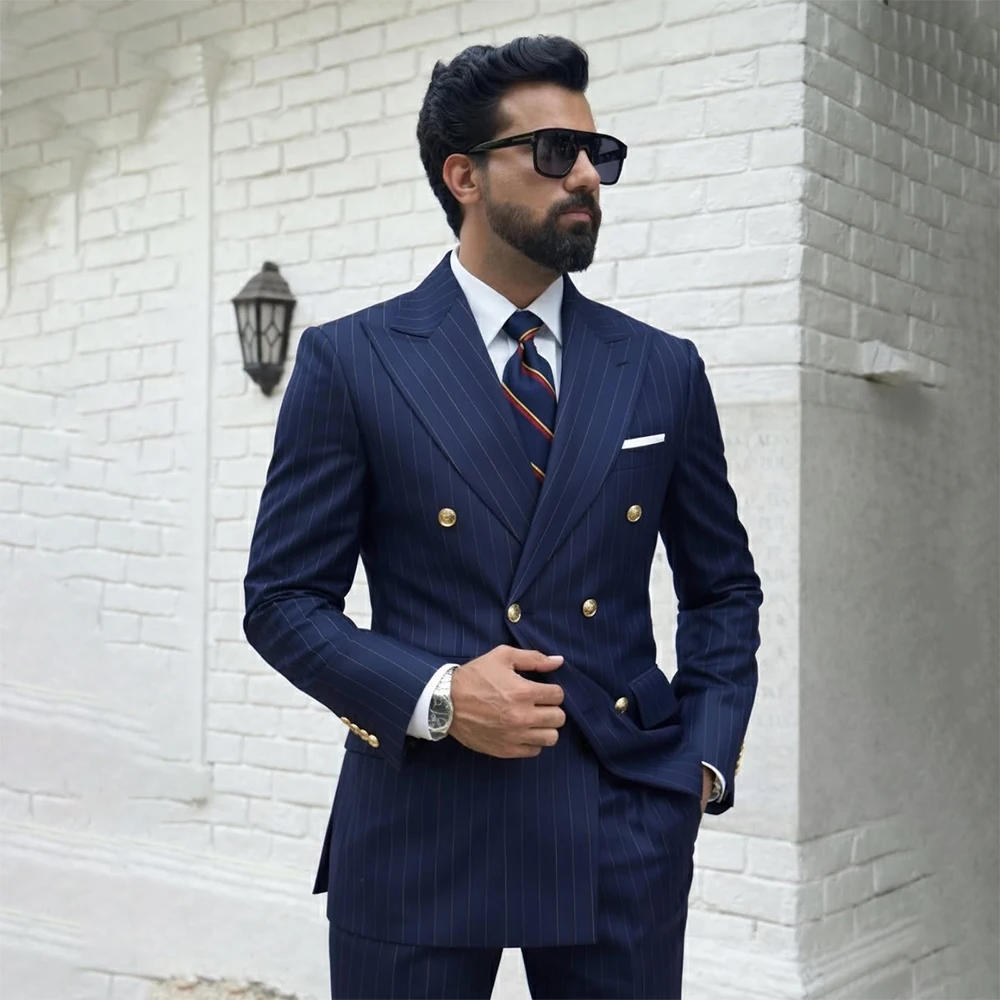 

Luxury Men's Suits Stripe Double Breasted Peak Lapel Skinny Business Smart Casual 2 Piece Jacket Pants Customized Outfits