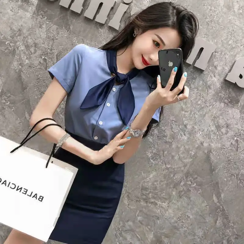 

Korea Women'S Shirt Skirt Uniforms Top Blue Slim Waist Back Strap Short Sleeve Suit Costume Women