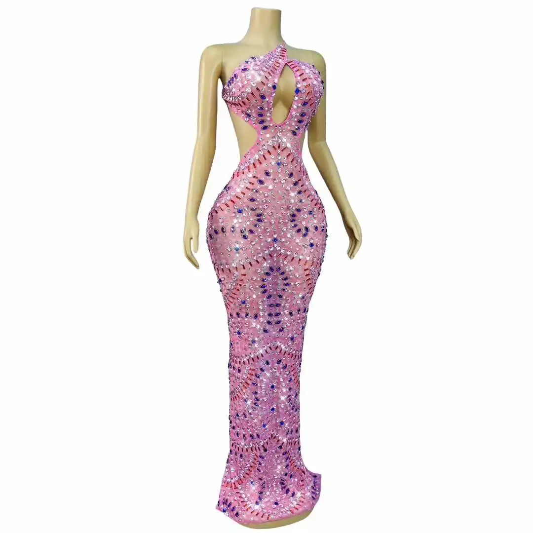 Strass brilhantes malha rosa transparente sem costas vestido longo feminino sexy aniversário celebrar noite vestido de baile sessão de fotos wear