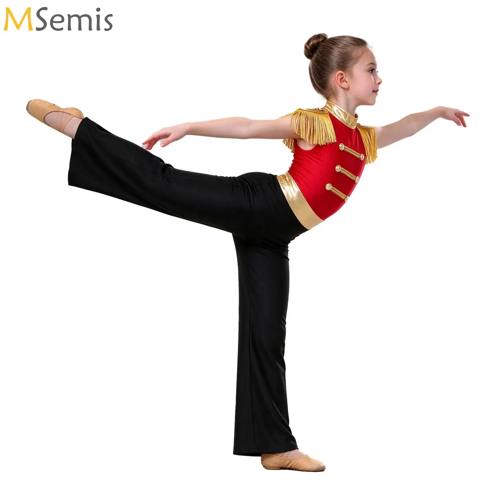 6-16Y Ringmaster Circus Costume Sleeveless Wide Leg Bodysuit with Metallic Tassel Epaulet Carnival Parade Halloween Romper