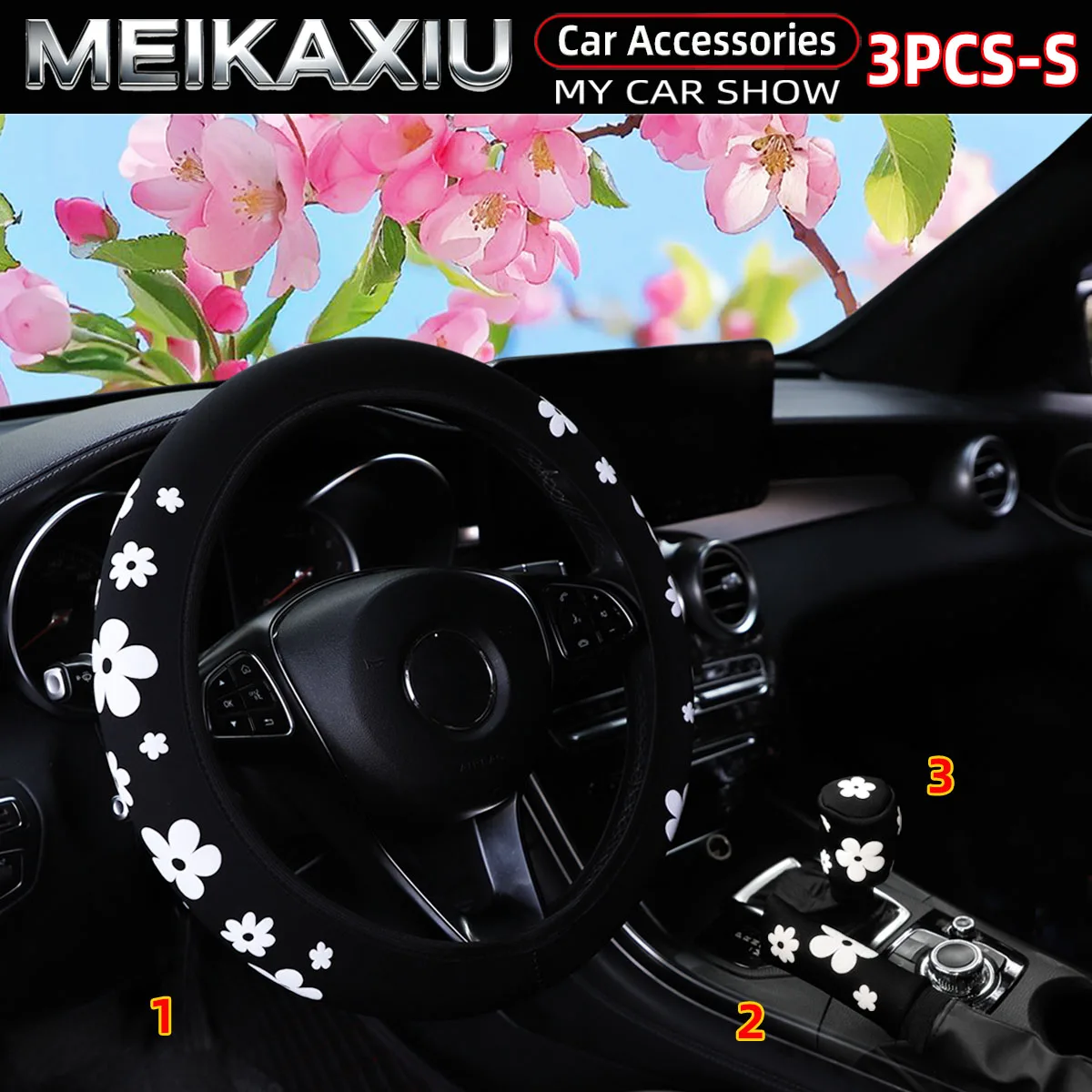 3-teiliges Set Schaumstoffblumen 3D Stoff Auto Lenkradbezug Handbremsenbezug Schalthebelbezug Auto-Zubehör für Frauen – Detail 5