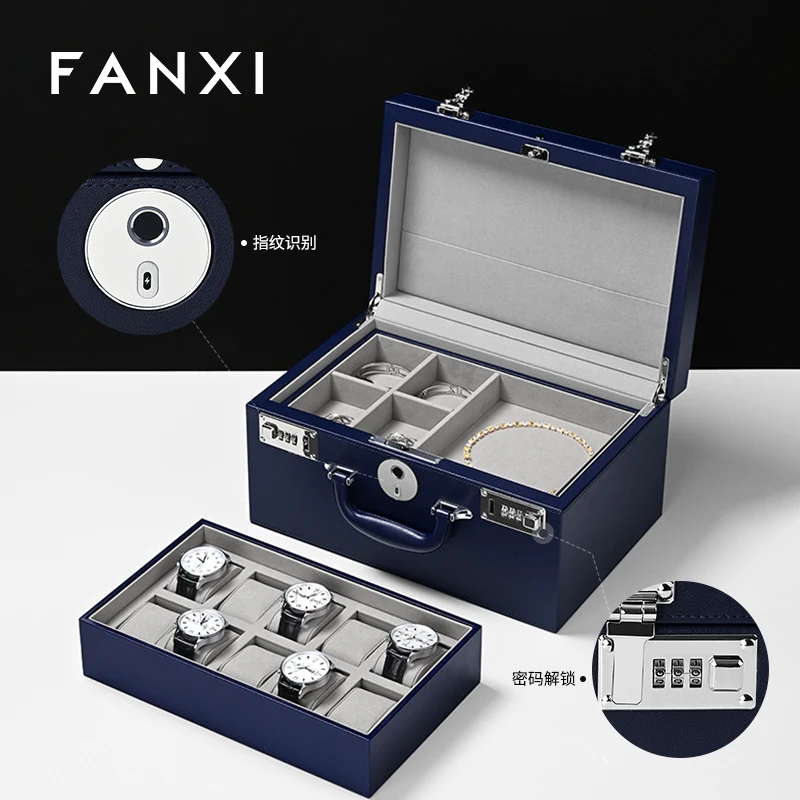 بو الجلود صندوق مجوهرات متعدد الطبقات شبكة كلمة المرور بصمة قفل حلقة ساعة صندوق تخزين المجوهرات #2