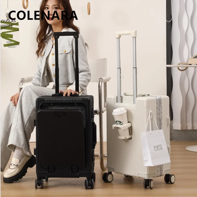 COLENARA المتداول حقيبة الجبهة افتتاح الصعود صندوق USB شحن حقيبة تروللي بعجلات 18 "20" 24 بوصة ABS + PC الألومنيوم الإطار الأمتعة