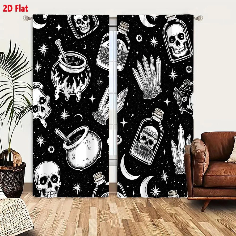 2Pcs Curtains 2D Flat Gothic Occult Seamless Pattern - Black & White Night Sky with Skulls, Glass Bottles, Cauldrons, Crystal Cl
