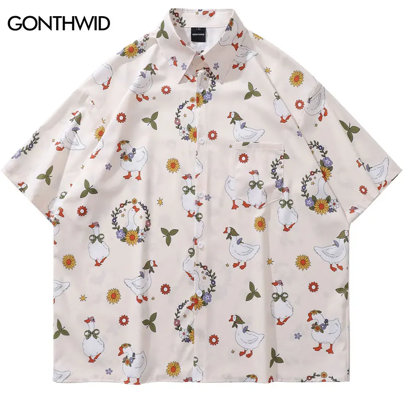 Camisas con estampado gráfico de pato de ganso blanco de dibujos animados divertidos, blusa abotonada de manga corta Harajuku, Tops informales holgados de verano de Hip Hop 2024