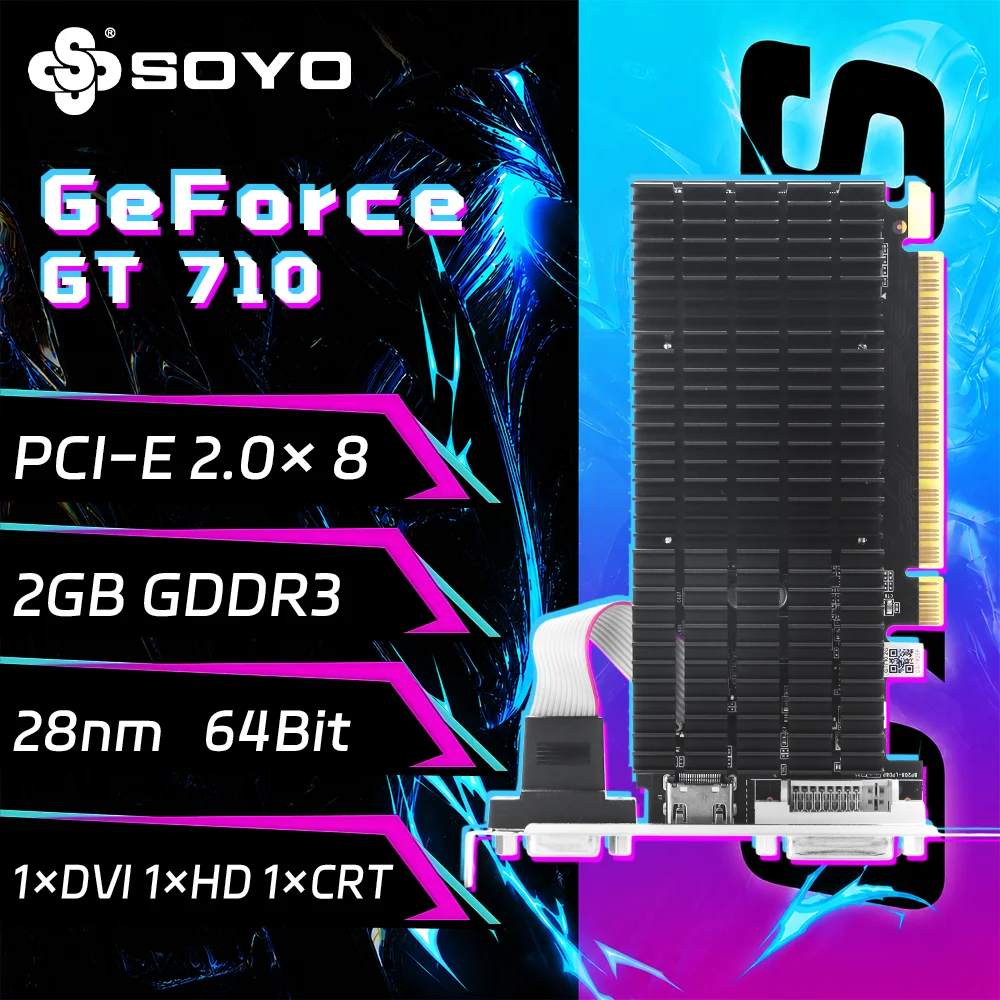 SOYO Graphics Cards NVIDIA GeForce GT 710 2G GDDR3 64bit HDMI*1 DVI*1 CRT *1 Video Card For Desktop Gaming Computer GPU GT 710