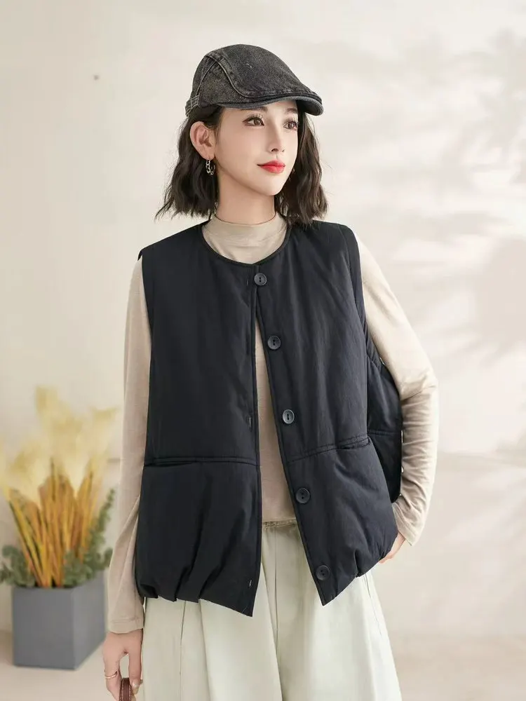 Winter New round Ne Svel Cotton Filled Warm Vest Women's Open Cardigan Top Thiened Commute Sle Pure Color