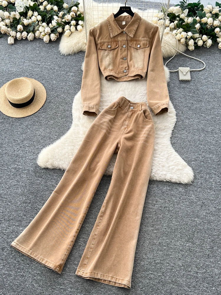Hong Kong Sle Chic Faion Retro ort Denim Long Sve Jaet Hohe Taille Weites Bein Gerade Schnitt Hosen Herbst Zwei Stück Set