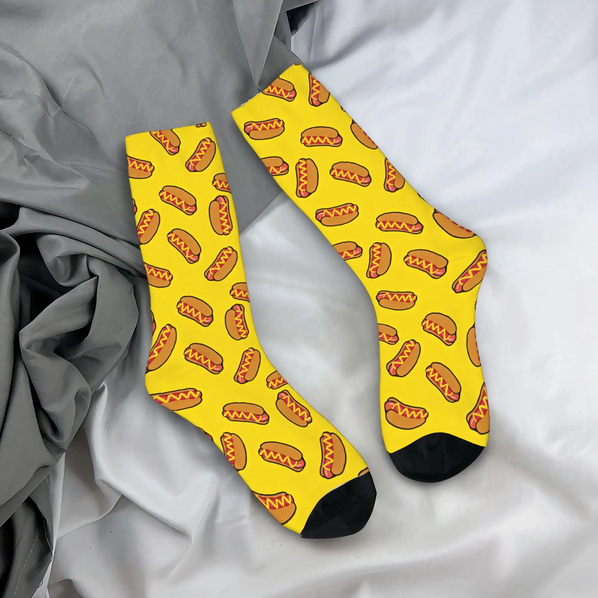 Yellow Background Hot Dog Seamless Repeat Pattern Stockings Adults Men  Socks Quality Trendy Socks Winter Outdoor Non Slip Socks