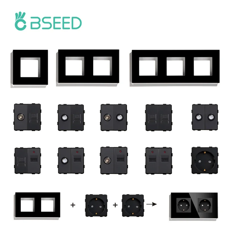 Bseed-piezas de enchufe USB tipo C estándar de la UE, interruptor de botón, Internet, TV, HDMI, satélite con marco de vidrio, piezas de función DIY
