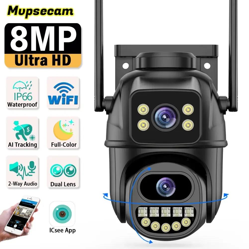 8MP 4K Dual Lens WIFI การเฝ้าระวังกล้องสมาร์ท PTZ 360 ไร้สายกลางแจ้ง Video Security กล้อง IP กล้องวงจรปิด Night Vision ICSEE