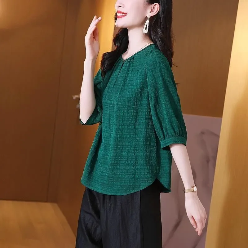 Jesienna Nowa Zielona Bluzka z Bufiastymi Rękawami z Szyfonu Damska Okrągły Dekolt Krótki Rękaw Temperament
