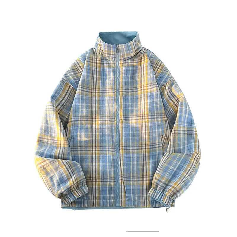 Men's Zipper Pocket Plaid Stripe Contrast Long Sleeve Turtleneck Cardigan Fashion Top
