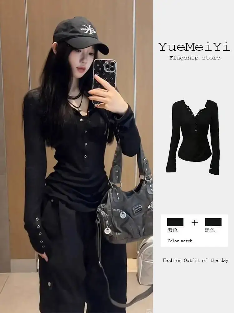 Damska warstwa bazowa 2025 Jesień Nowa elegancka koszulka damska z dekoltem w serek, długi rękaw, dopasowany krój, styl seksowny, wyszczuplająca bluzka bazowa