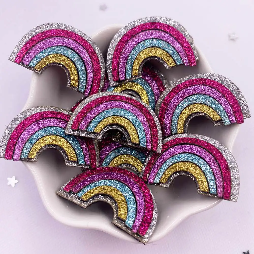 10pcs Felt Fabric Glitter Bepowder Cartoon Kawaii Colorful Rainbow Patch Applique Sewing DIY Hair Bow Craft Handmade Supplie