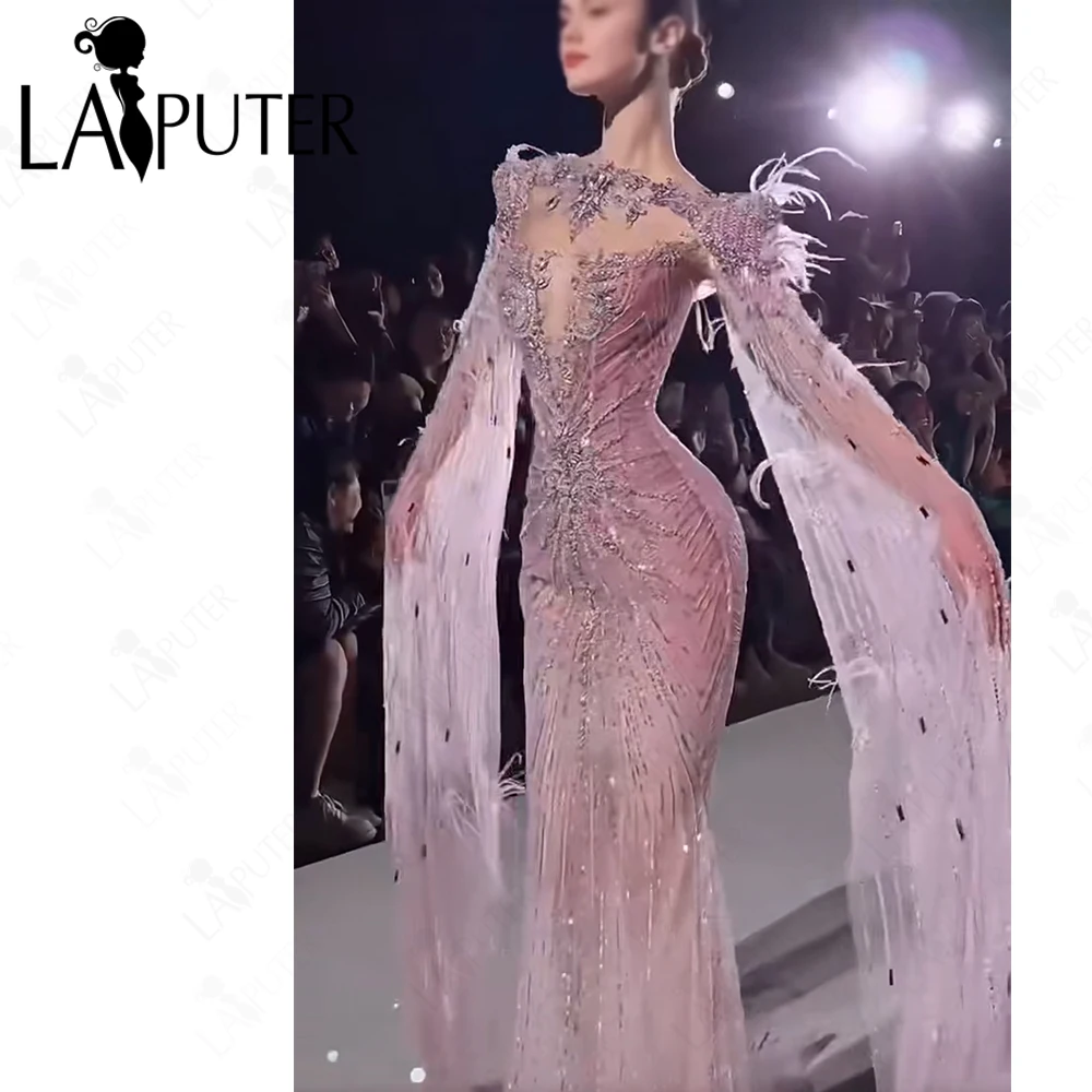 Luxury Pink Mermaid Evening Dresses 2026 Crytals Illusion Body Beaded Formal Dress Cap Sleeves Cape Long Sleeves Prom Gown