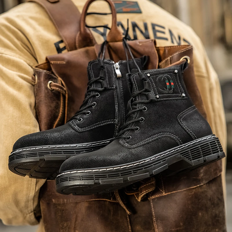 

New Autumn Men's Shoes Fashionable Motorcycle Leather Sneakers Outdoor Casual Trekking Hiking Winter Cotton-padded Ankle Boots