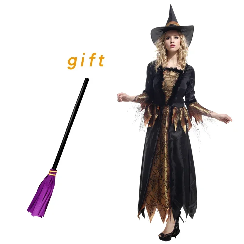 EE01 Halloween Witch Costumes with Broom for Sexy Women Fantasy Vampire Witch Dress Up Carnival Party Dress&0Ww
