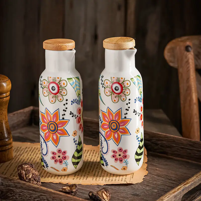 Nordic Style Flower Printed Soy Sauce Bottle Oil Bottle Household Oil Tank Seasoning Bottle Creative Leak Proof Vinegar PotZD710