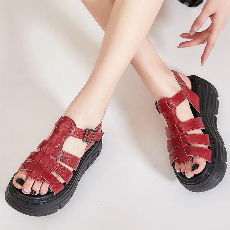 DRKANOL Women Sandals 2023 Summer Shoes Genuine Leather Roman Style Concise Open Toe Buckle Strap Wedges Platform Sandals Lady